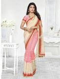 Chiffon Silk and Net Embroidered Saree in Pink and Cream/ Half White - Boutique4India Inc.