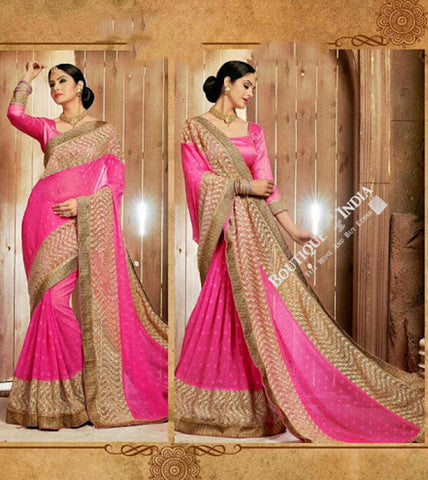 Sarees - Elegant Pink Net and Chiffon Embroided - Boutique4India Inc.
