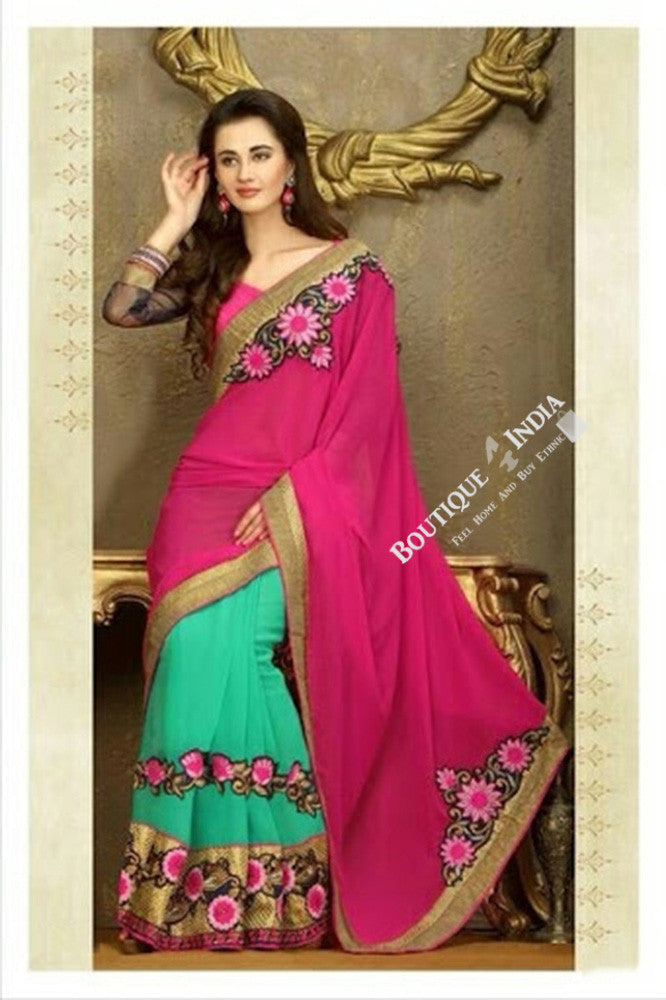 Sarees - Net and Chiffon with Pink Blue And Golden - Boutique4India Inc.