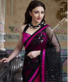 Smooth-textured Net Chiffon Saree in hot Pink and Black - Boutique4India Inc.