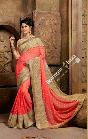 Sarees - Net and Chiffon Peach and Golden - Boutique4India Inc.