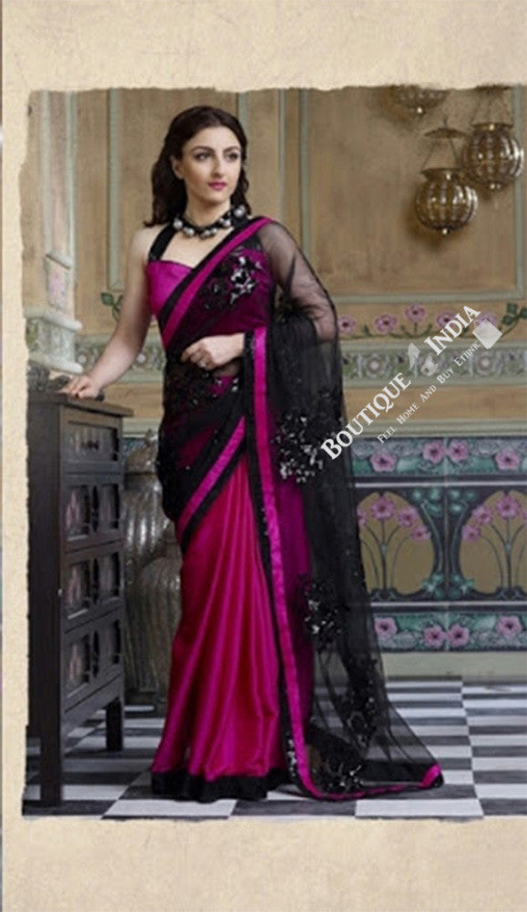 Smooth-textured Net Chiffon Saree in hot Pink and Black - Boutique4India Inc.