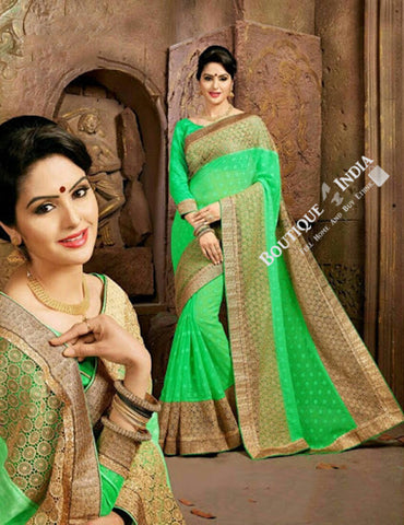 Sarees - Net and Chiffon with Light Green and Golden Color - Boutique4India Inc.