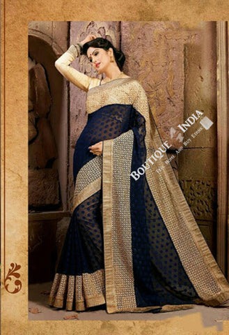 Sarees - Navy Blue Net Unique Design Party Wear Collections - Boutique4India Inc.