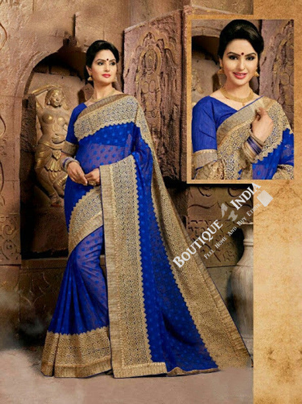 Sarees - Dark Blue Net and Chiffon Unique Design - Boutique4India Inc.