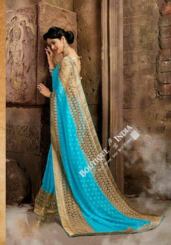 Sarees - Net and Chiffon with Light Blue and Golden - Boutique4India Inc.