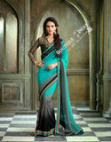 Sarees - Blue Grey Black And Golden Net and Chiffon - Boutique4India Inc.