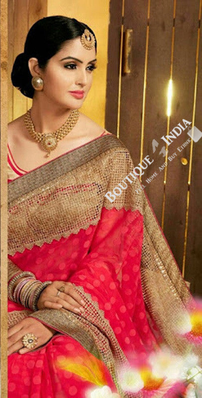 Sarees - Net and Chiffon with Pink and Golden Color - Boutique4India Inc.