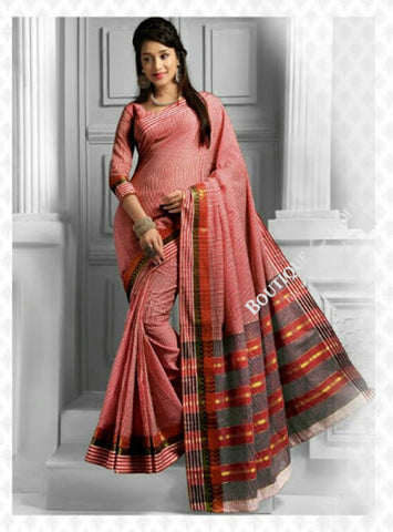 Cotton Silk Casual Saree in Orange Pink / Peach and Golden - Boutique4India Inc.