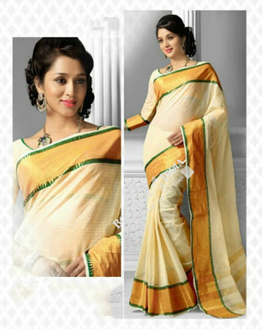 Cotton Silk Casual Saree in Half white and Golden - Boutique4India Inc.