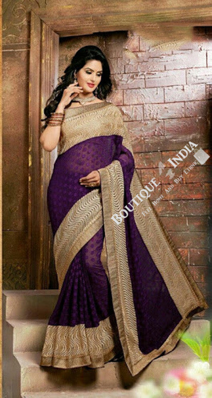 Sarees - Net and Chiffon with Purple and Golden Color - Boutique4India Inc.