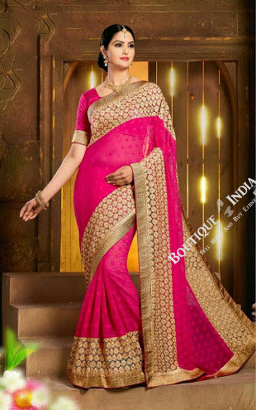 Sarees - Net and Chiffon with Hot Pink Color - Boutique4India Inc.