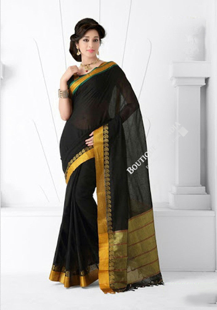 Trendy Cotton Silk Saree in Black and Golden - Boutique4India Inc.