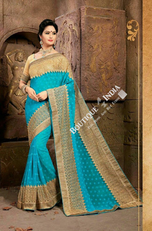 Sarees - Net and Chiffon with Sky Blue and Golden Color - Boutique4India Inc.