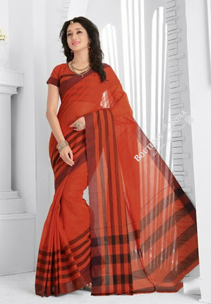Trendy Cotton Silk Saree in Orangish Brown Shades - Boutique4India Inc.