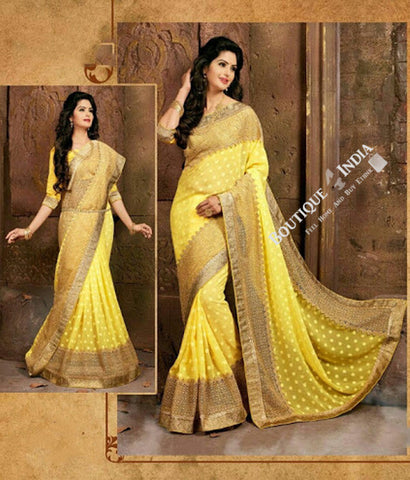 Sarees - Yellow and Light Brown Net and Embroided - Boutique4India Inc.