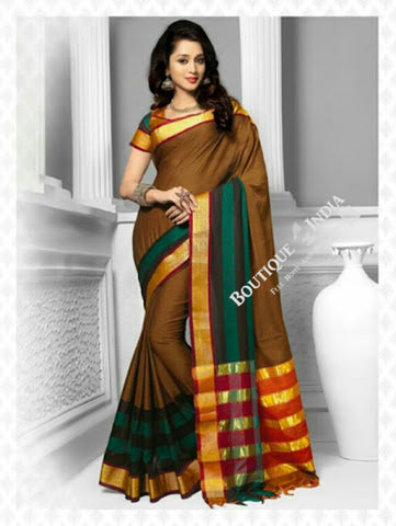 Cotton Silk Casual Saree in Green, Red and Golden - Boutique4India Inc.