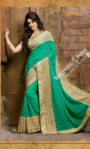 Sarees - Dark Green Net and Chiffon Unique Design - Boutique4India Inc.